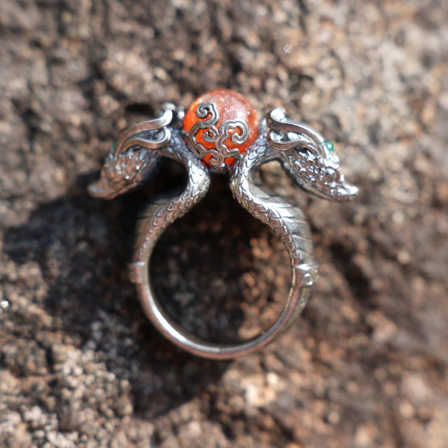 Dragon Ring with Sunstone & Emerald | Handmade 925 Silver Jewelry | Unique Fantasy Ring for Protection & Strength