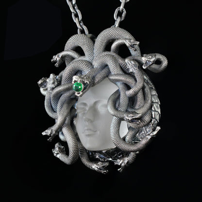Sleeping Eye Medusa Pendant | 925 Silver Goddess Amulet with Quartz & Emerald | Symbol of Inner Wisdom, Stillness & Spiritual Awakening