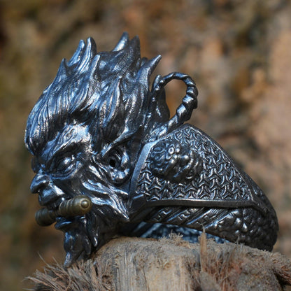Monkey King Ring in 925 Sterling Silver | Handmade Mythic Jewelry with Gold Accents | Fantasy Artisan Gift for Him