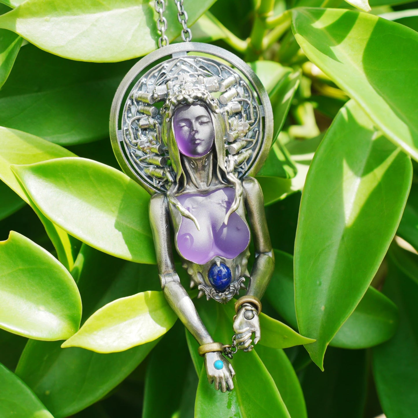 Cyber-Gothic Goddess Pendant | 925 Sterling Silver Necklace with Crystal or Amethyst | Feminist Power & Dark Fantasy Jewelry | Handmade Statement Gift