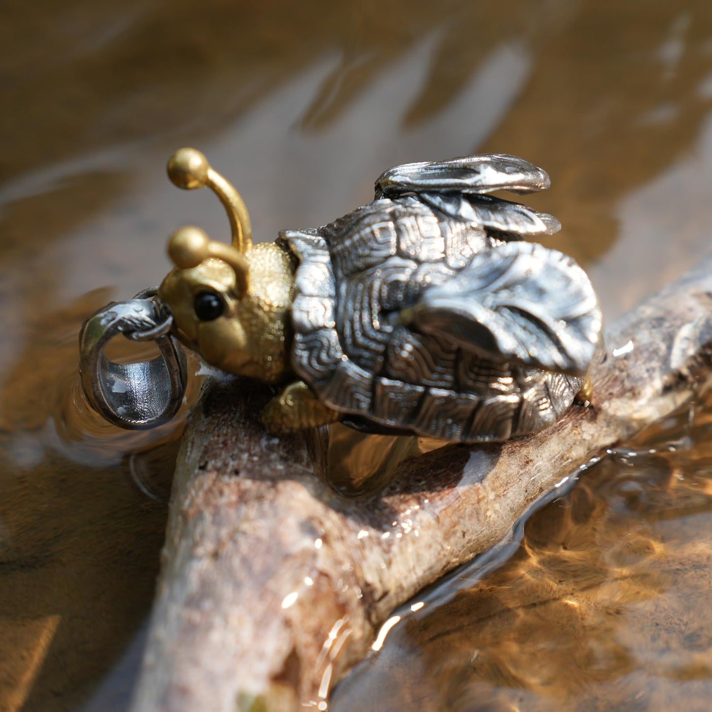 Flying Turtle Pendant | Handmade Silver & Brass Animal Amulet | Fantasy Jewelry Gift for Nature Lovers & Dreamy Souls