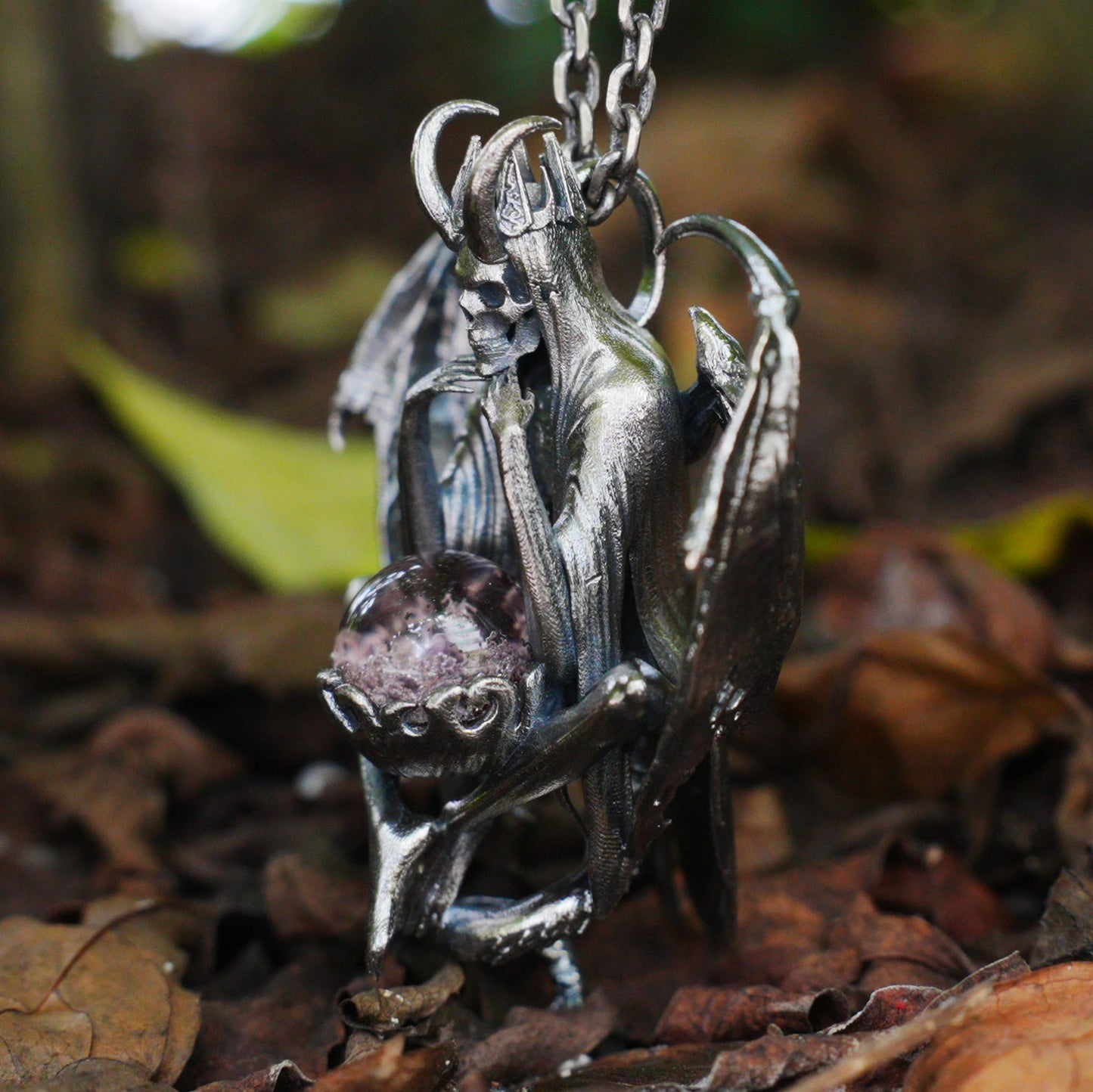 Gothic pendant with ghost crystal in oxidized 925 silver totem design gift for her statement necklace birthday