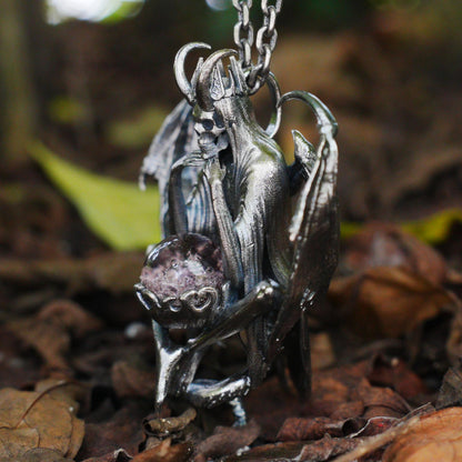 Gothic pendant with ghost crystal in oxidized 925 silver totem design gift for her statement necklace birthday