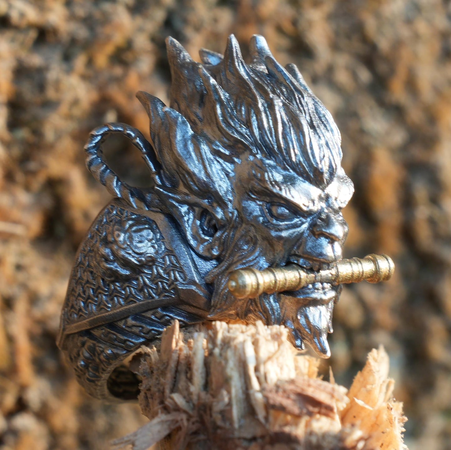 Monkey King Ring in 925 Sterling Silver | Handmade Mythic Jewelry with Gold Accents | Fantasy Artisan Gift for Him