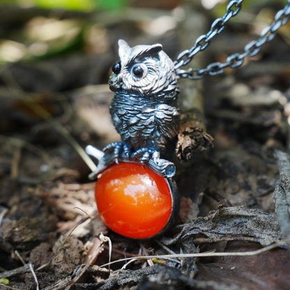 Owl Carnelian Pendant | Handmade 925 Sterling Silver Necklace with Onyx Eyes | Nature-Inspired Jewelry Symbolizing Wisdom & Courage | Artisan Gift