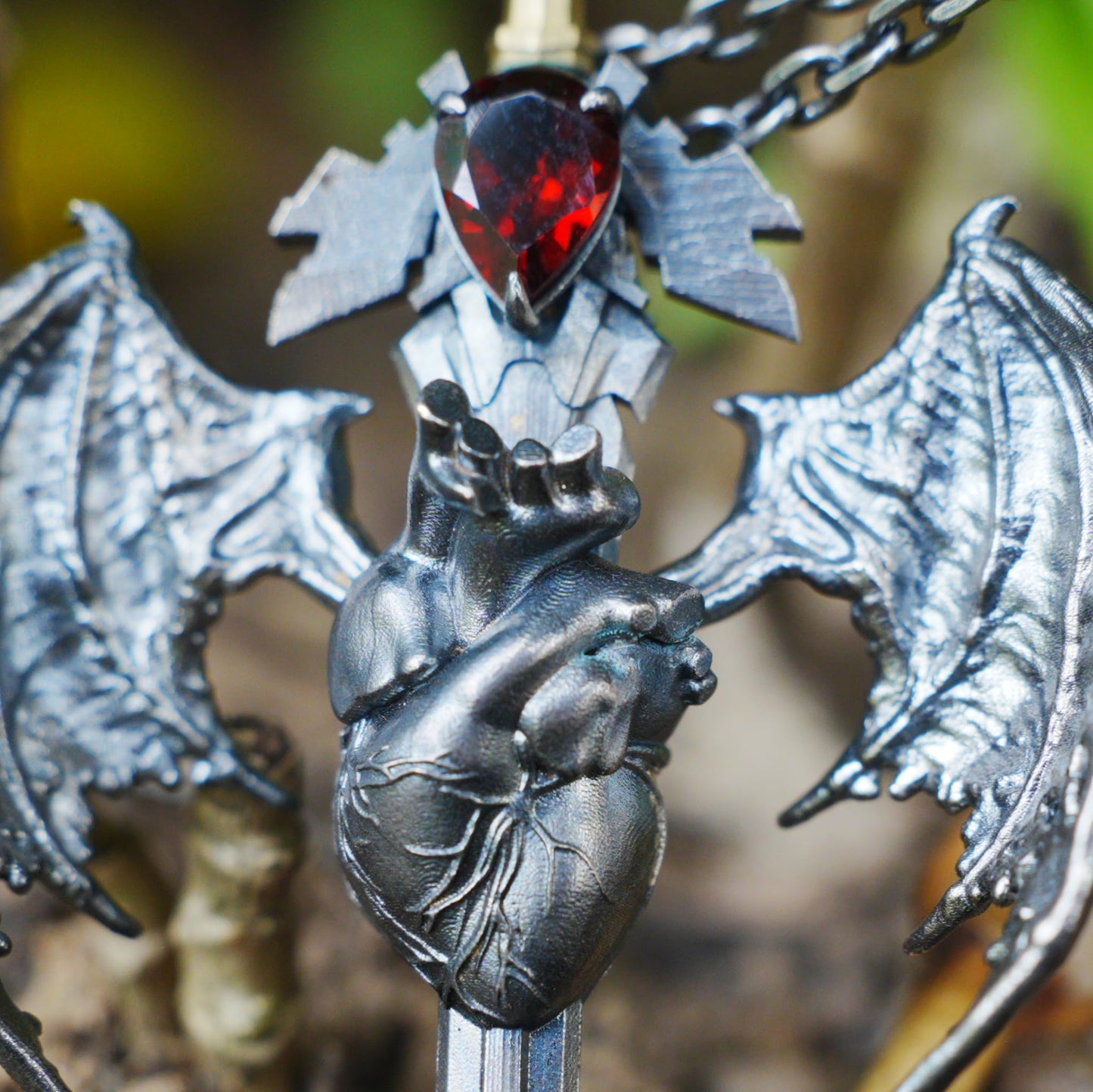 Guardian Heartblade Necklace in 925 Sterling Silver | Garnet Heart Pendant Symbolizing Vitality & Courage | Handmade Gothic Jewelry Gift