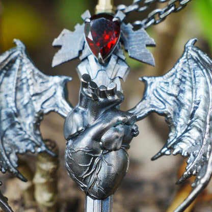 Guardian Heartblade Necklace in 925 Sterling Silver | Garnet Heart Pendant Symbolizing Vitality & Courage | Handmade Gothic Jewelry Gift