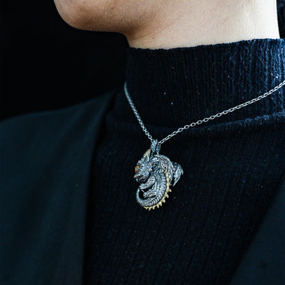 Sleeping Baby Dragon Pendant | Sterling Silver Mythical Creature Jewelry | Gold Rutilated Quartz Eye | Fantasy Amulet Gift for Protection