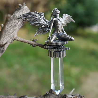 925 Silver Cyberpunk Angel Pendant | Project 0-9 Light Core Necklace with Crystal Pillar & Mechanical Wings | Sci-Fi Symbol of Faith & Rebirth