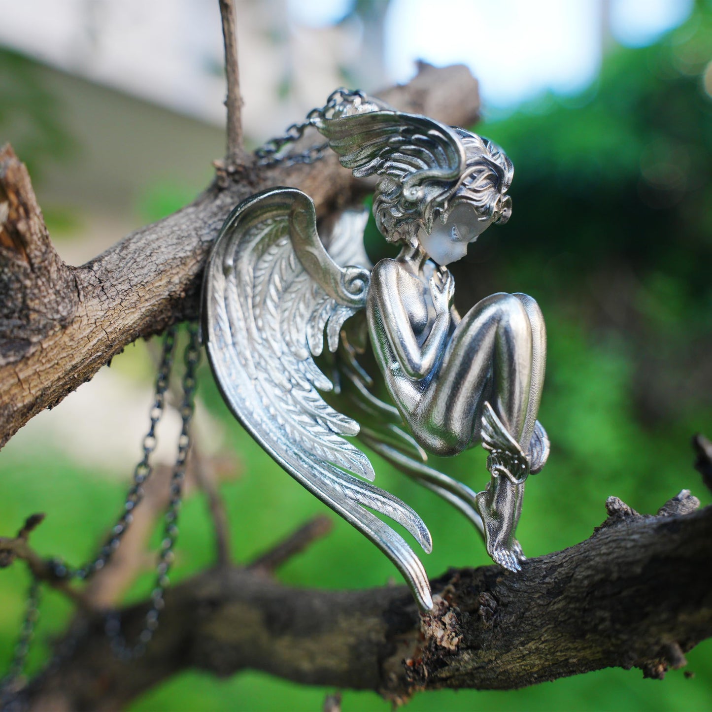 Angel Guardian Pendant | 925 Sterling Silver Gothic Sculpture Necklace with Wings & Clear Quartz | Handcrafted Fantasy Jewelry Gift