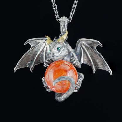 Dragon Pendant with Orange Crystal | Gothic Fantasy Necklace | Handmade Symbolic Talisman for Men & Women