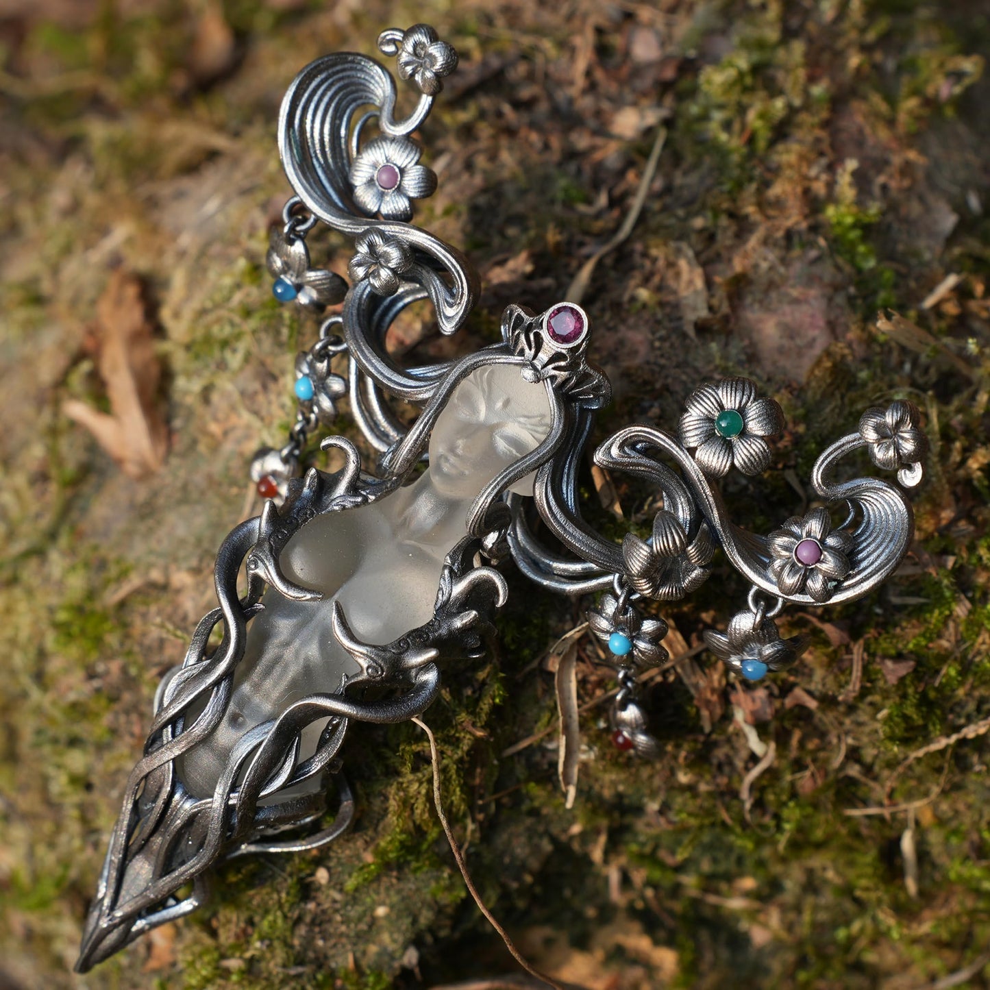 Goddess Flower Pendant with Onyx & Garnet | Handcrafted Art Nouveau Jewelry | Symbol of Beauty & Renewal