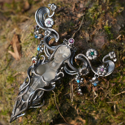 Goddess Flower Pendant with Onyx & Garnet | Handcrafted Art Nouveau Jewelry | Symbol of Beauty & Renewal