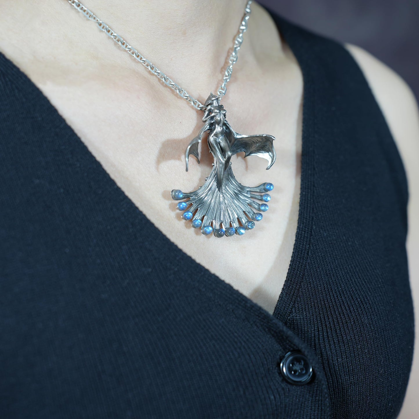 Mystical Winged Enchantress Pendant | 925 Sterling Silver Fantasy Necklace with Ghost Stone | Handcrafted Mythical Jewelry Gift for Collectors