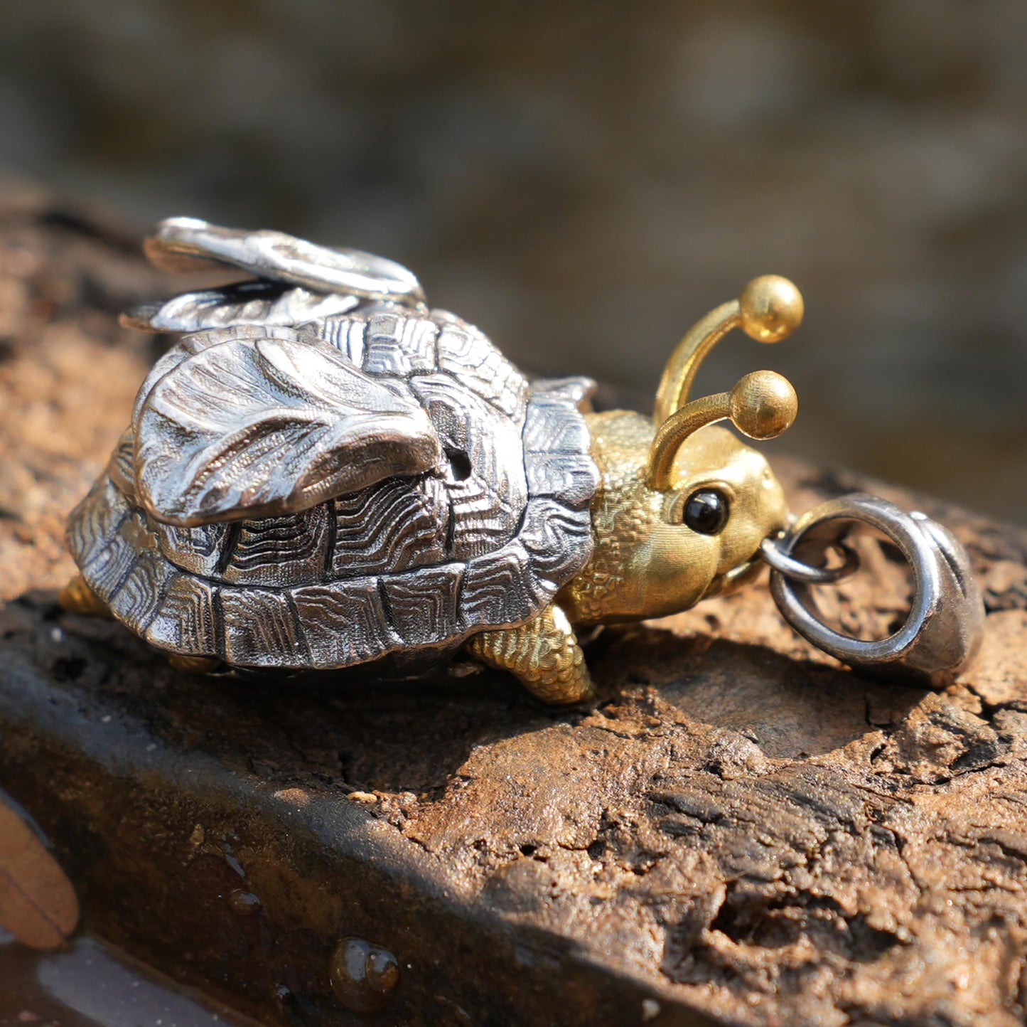 Flying Turtle Pendant | Handmade Silver & Brass Animal Amulet | Fantasy Jewelry Gift for Nature Lovers & Dreamy Souls