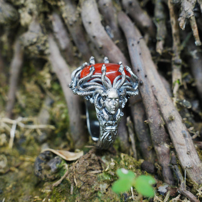 925 Silver Medusa Ring with Red Agate | Handmade Gothic Baroque Jewelry | Fantasy Statement Ring for Dark Aesthetics