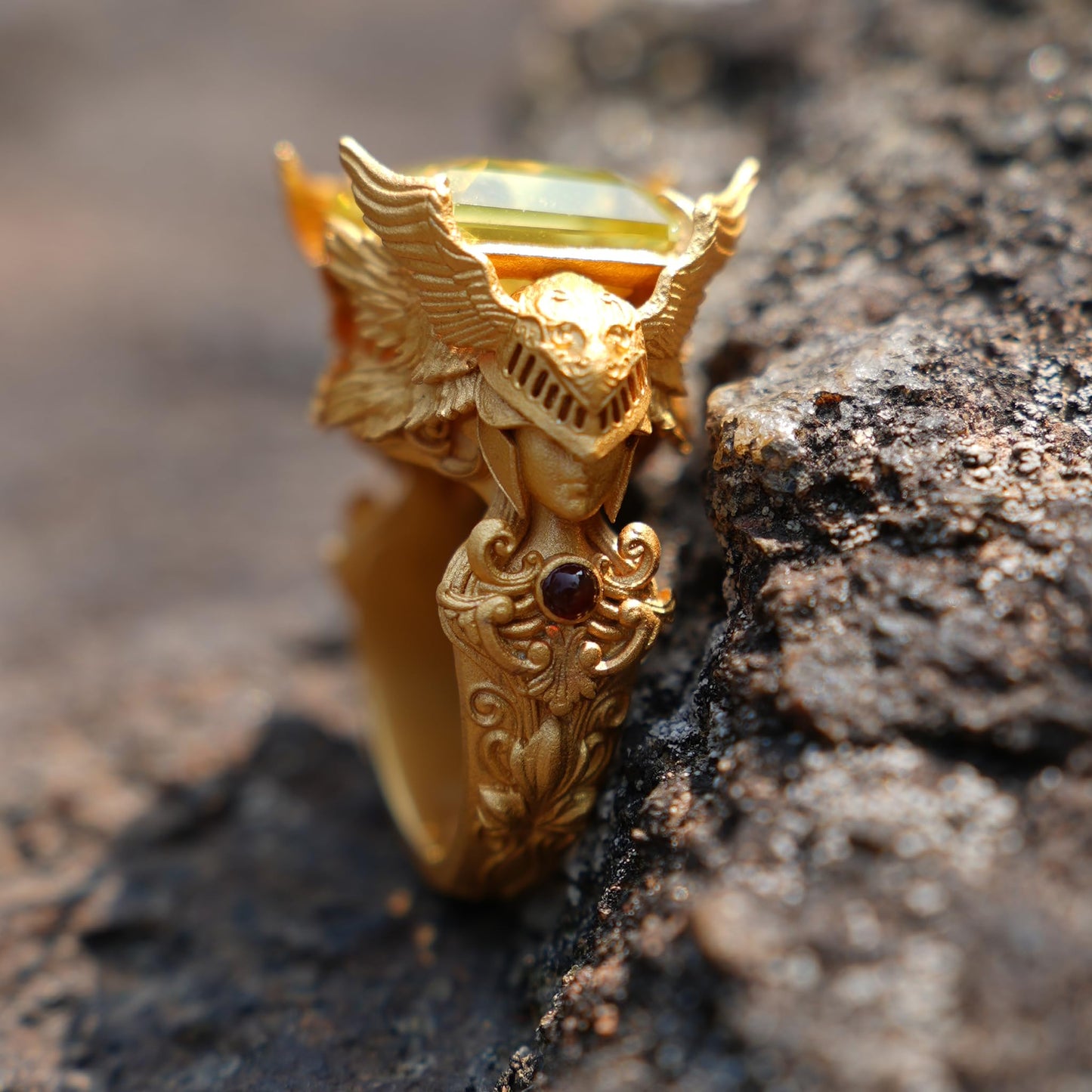 Valkyrie Oath Ring | Handmade Norse Goddess Gold Ring with Citrine & Ruby | Symbol of Courage, Strength & Loyalty | Nordic Myth Jewelry