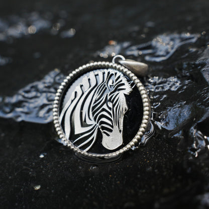 Wildlife Zebra Totem Necklace | 925 Sterling Silver Handcrafted Relief Medallion | Black-White Minimal Unisex Pendant | Double-Sided Design