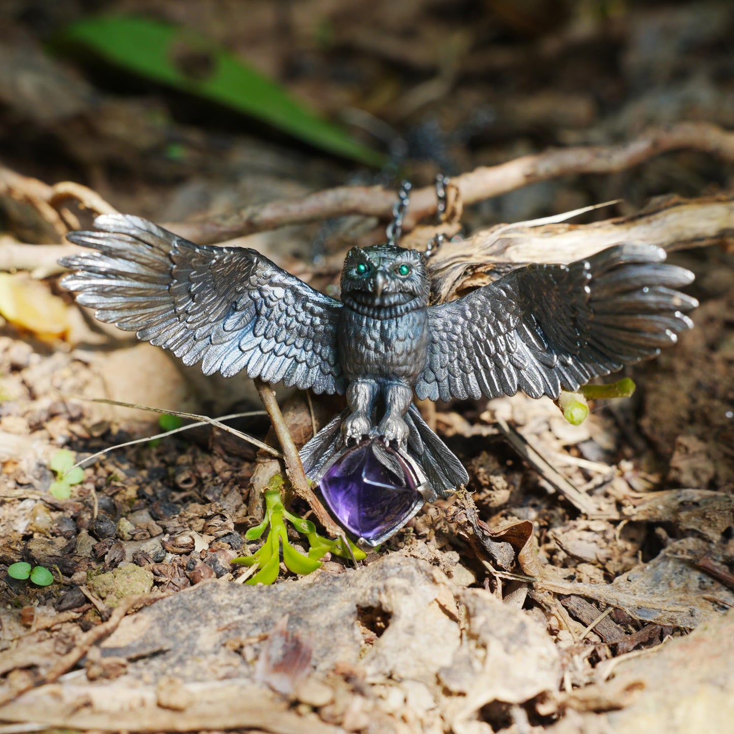 925 Sterling Silver Owl Necklace with Amethyst | Handcrafted Animal Totem Jewelry | Fantasy Guardian Pendant for Wisdom & Focus