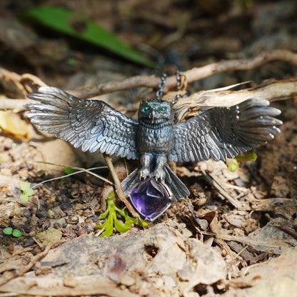 925 Sterling Silver Owl Necklace with Amethyst | Handcrafted Animal Totem Jewelry | Fantasy Guardian Pendant for Wisdom & Focus