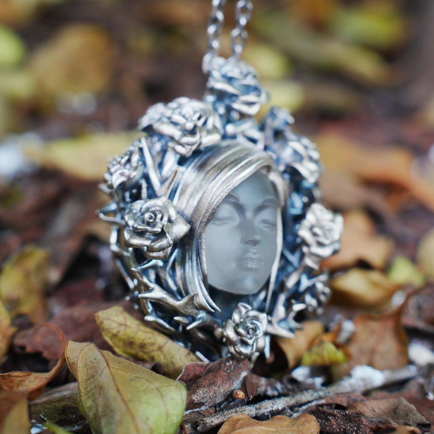 925 Sterling Silver Rose Wreath Pendant with White Crystal | Hand-Carved Cameo Necklace | Victorian Gothic Jewelry Gift