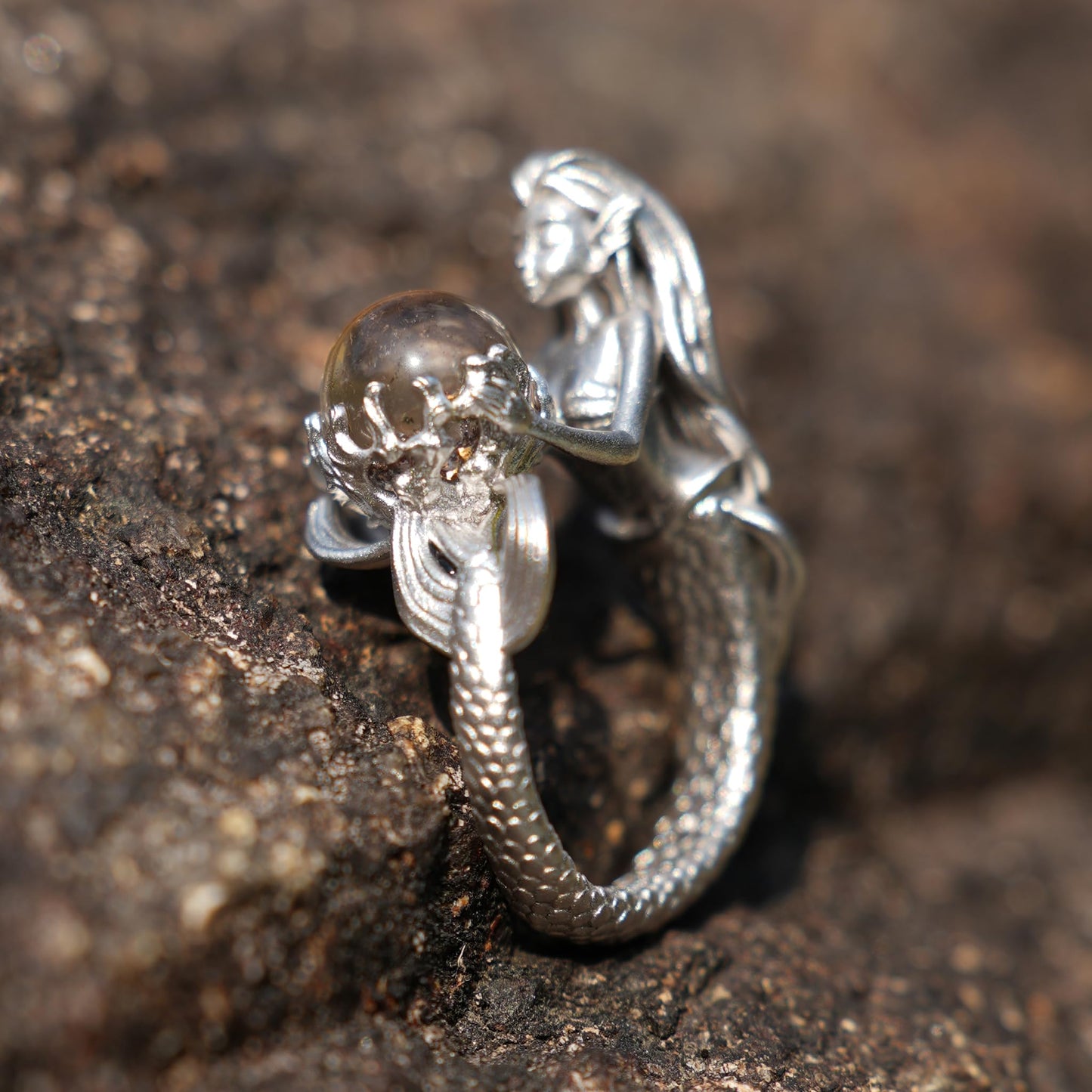 925 Silver Mermaid Ring with Phantom Quartz | Handmade Ocean Fantasy Jewelry | Symbolic Underwater Gift for Her