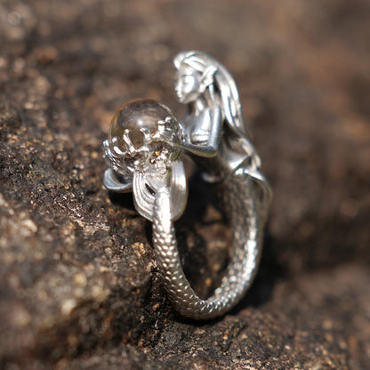 925 Silver Mermaid Ring with Phantom Quartz | Handmade Ocean Fantasy Jewelry | Symbolic Underwater Gift for Her