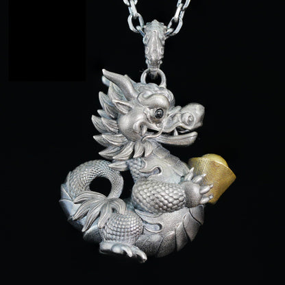 Lucky Dragon Pendant in 925 Silver & Brass | Handcrafted Feng Shui Amulet for Wealth, Protection & Good Fortune | Oriental Charm Jewelry