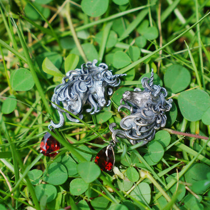 Unicorn Earrings with Garnet Drop | Handcrafted Celtic Fantasy Jewelry | Symbolic Gift of Vow & Protection