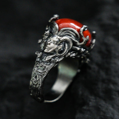 925 Silver Medusa Ring with Red Agate | Handmade Gothic Baroque Jewelry | Fantasy Statement Ring for Dark Aesthetics