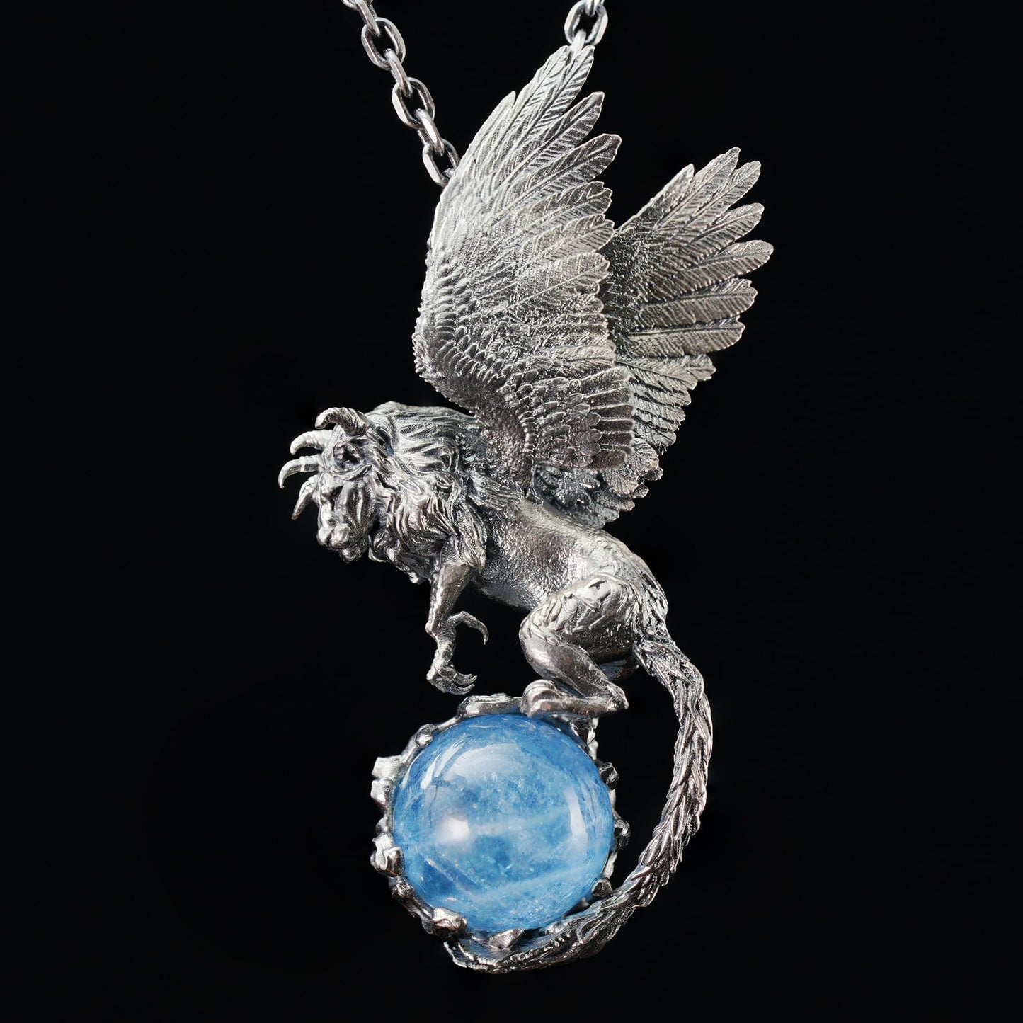 Winged Lion Pendant | 925 Sterling Silver & Aquamarine Necklace | Handmade Spiritual Jewelry of Wisdom & Protection | Gift for Him