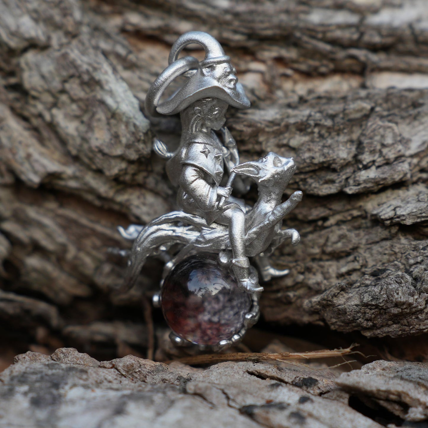 Witch Riding Cat Pendant | 925 Sterling Silver with Phantom Quartz | Handmade Fantasy Jewelry Gift for Magic Lovers & Collectors