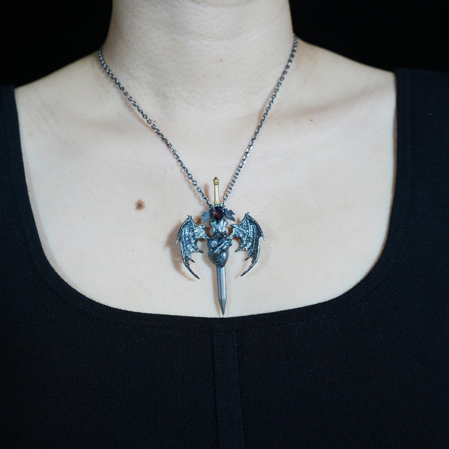 Guardian Heartblade Necklace in 925 Sterling Silver | Garnet Heart Pendant Symbolizing Vitality & Courage | Handmade Gothic Jewelry Gift