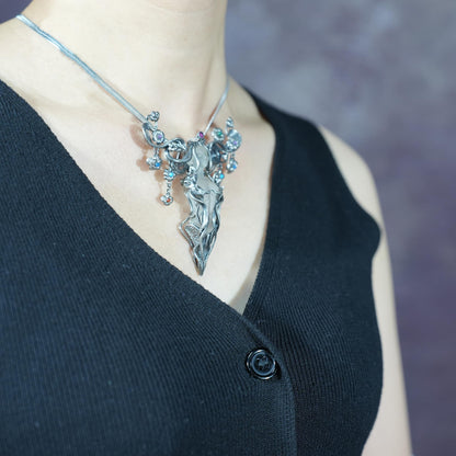 Goddess Flower Pendant with Onyx & Garnet | Handcrafted Art Nouveau Jewelry | Symbol of Beauty & Renewal