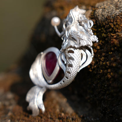 Mermaid Pendant Necklace with Star Ruby & Pearl | Handcrafted Ocean Fantasy Jewelry | Symbol of Love & Protection