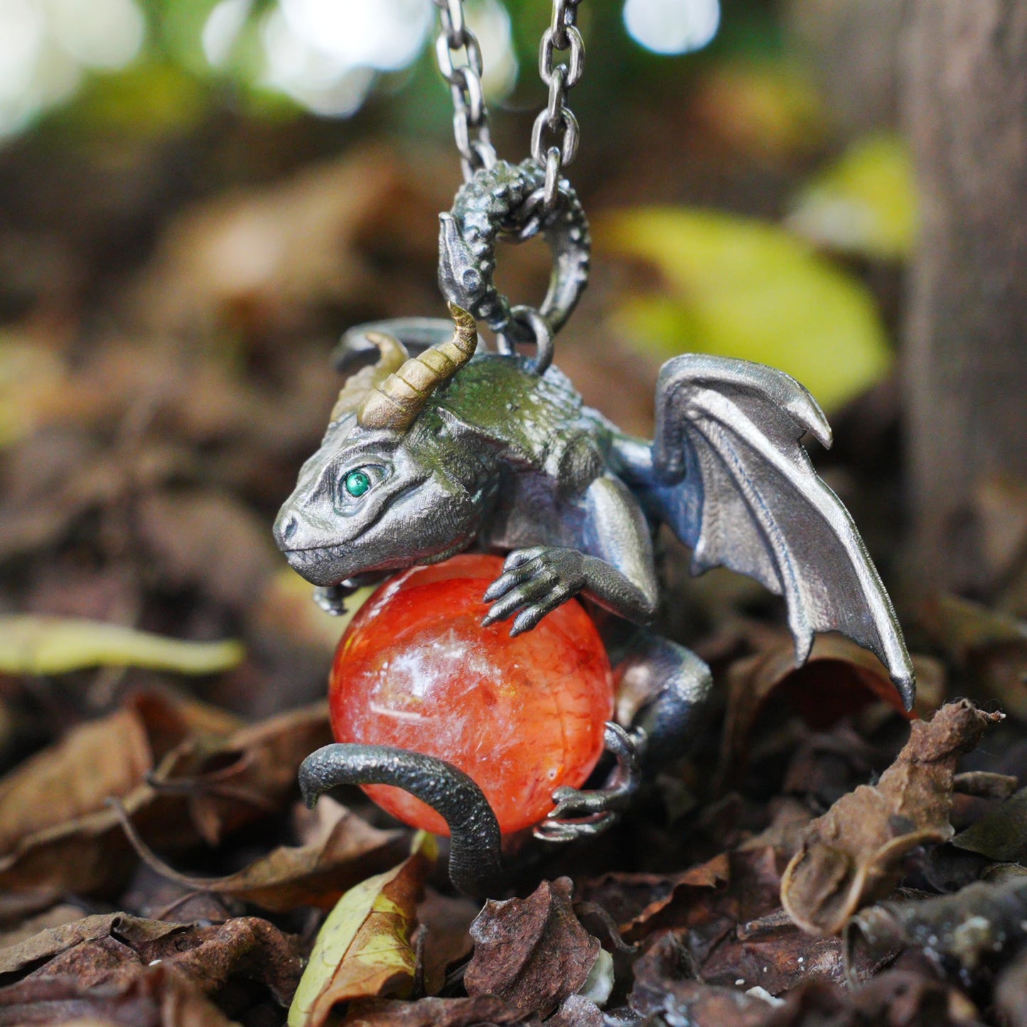 Dragon Pendant with Orange Crystal | Gothic Fantasy Necklace | Handmade Symbolic Talisman for Men & Women