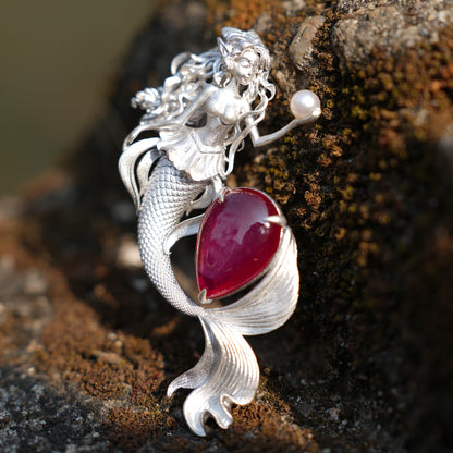 Mermaid Pendant Necklace with Star Ruby & Pearl | Handcrafted Ocean Fantasy Jewelry | Symbol of Love & Protection