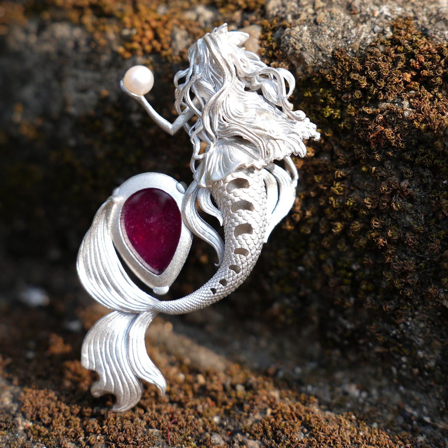 Mermaid Pendant Necklace with Star Ruby & Pearl | Handcrafted Ocean Fantasy Jewelry | Symbol of Love & Protection