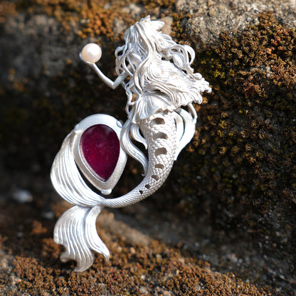 Mermaid Pendant Necklace with Star Ruby & Pearl | Handcrafted Ocean Fantasy Jewelry | Symbol of Love & Protection