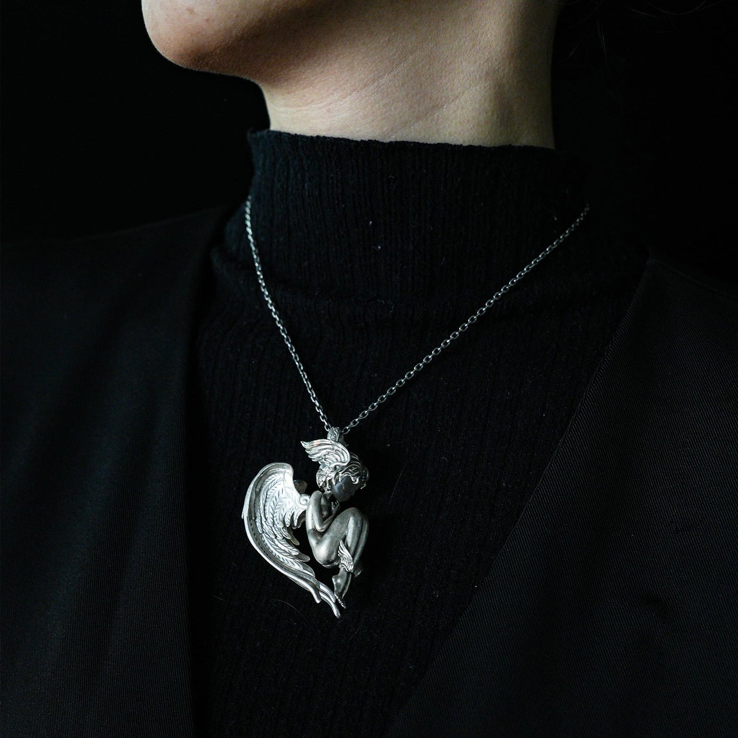 Angel Guardian Pendant | 925 Sterling Silver Gothic Sculpture Necklace with Wings & Clear Quartz | Handcrafted Fantasy Jewelry Gift