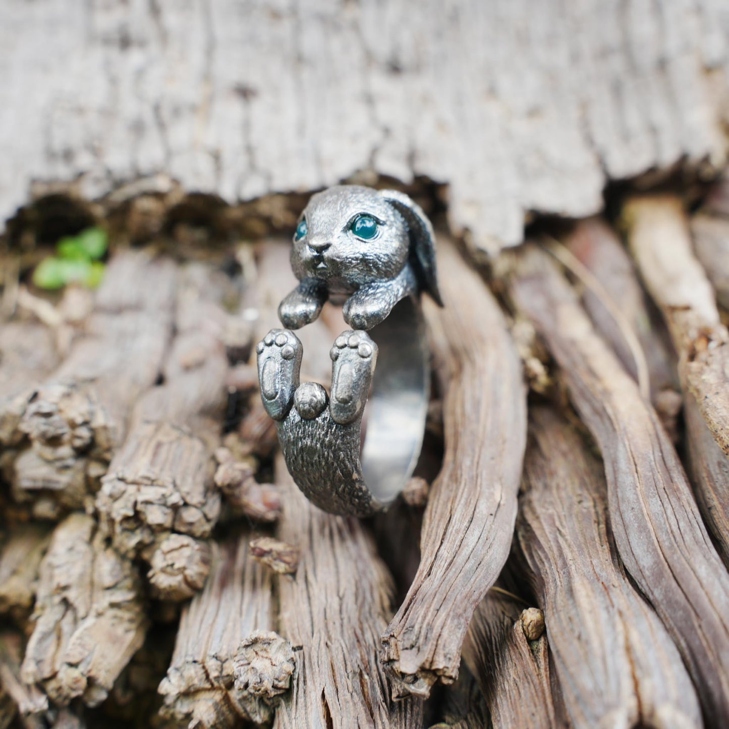 Handcrafted Rabbit Ring with Green Zircon, Spring Awakening Symbol, Unique Silver Jewelry