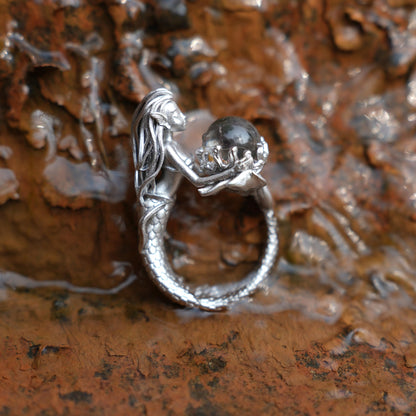 925 Silver Mermaid Ring with Phantom Quartz | Handmade Ocean Fantasy Jewelry | Symbolic Underwater Gift for Her