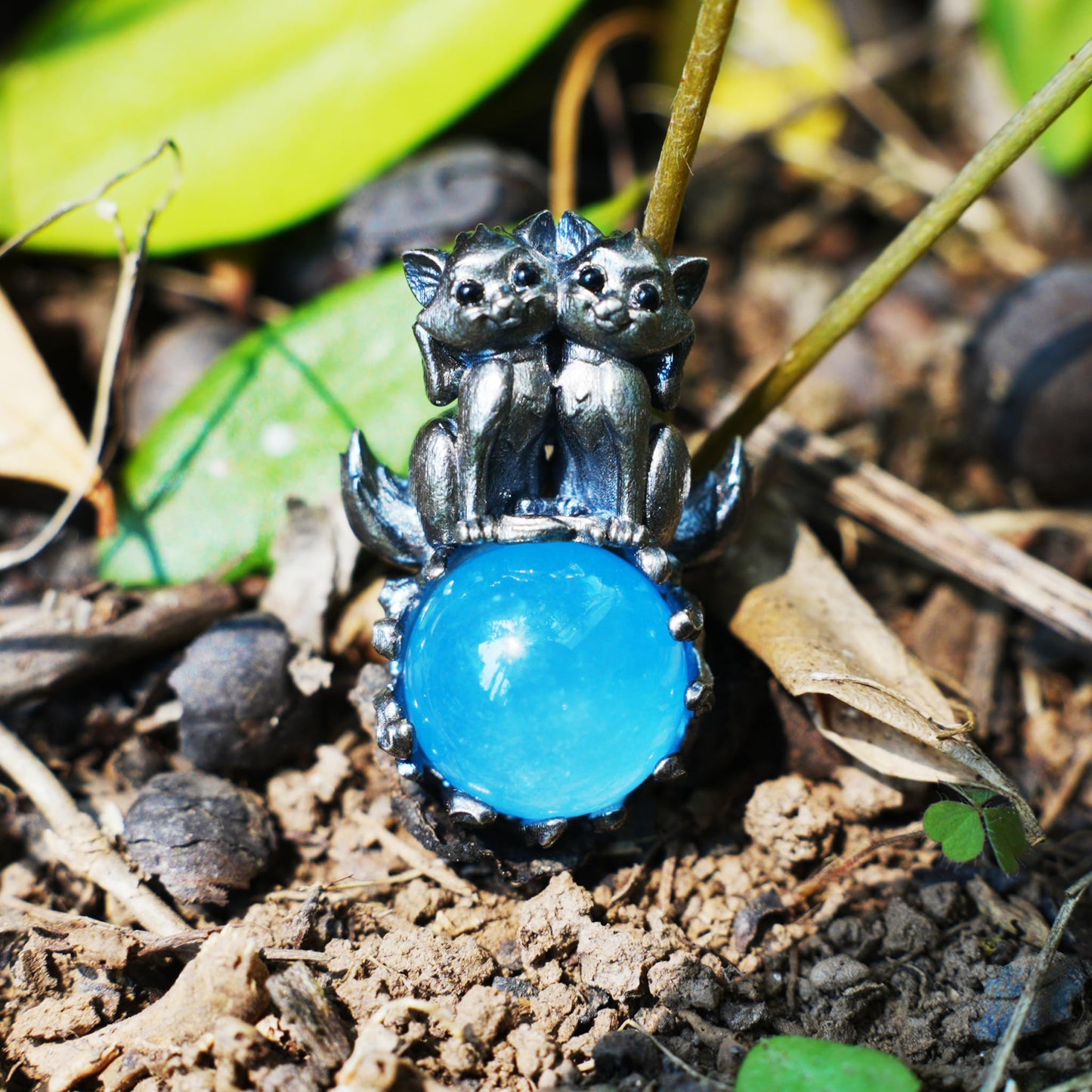 925 Silver Fox Totem Pendant with Aquamarine | Handmade Fantasy Amulet Necklace | Twin Guardian Spirit Jewelry Gift