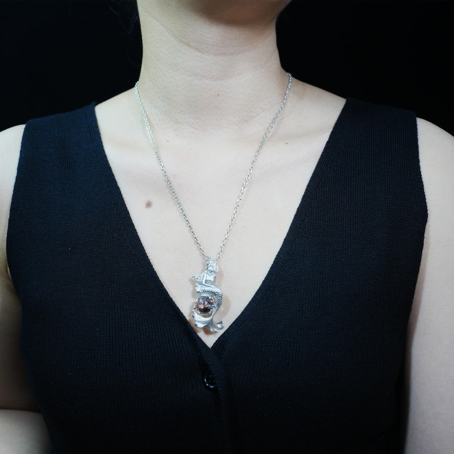 Ocean-Themed Mermaid Necklace | 925 Sterling Silver, Handmade | Crown, Seated Pose | Hand-Engraved Fin | Amulet | Gift for Her