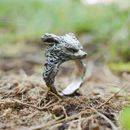 Fox Totem Ring in 925 Silver with Green Zircon Eyes | Handmade Spirit Guardian Animal Jewelry