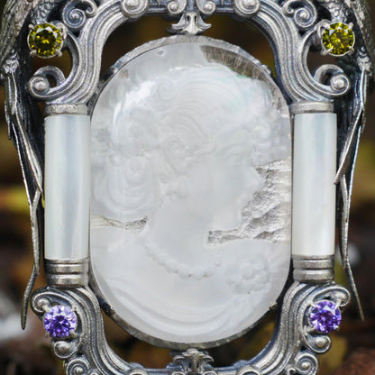 Handmade 925 Silver Victorian Cameo Necklace | Baroque Pendant with Two Parrots | Girl Relief in Rock Crystal | Vintage Craft