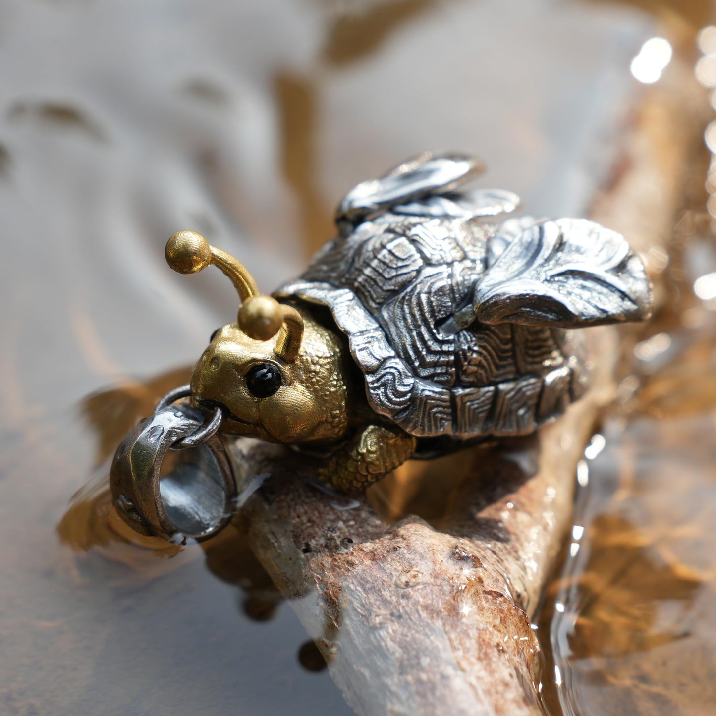 Flying Turtle Pendant | Handmade Silver & Brass Animal Amulet | Fantasy Jewelry Gift for Nature Lovers & Dreamy Souls