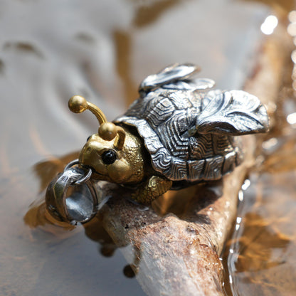 Flying Turtle Pendant | Handmade Silver & Brass Animal Amulet | Fantasy Jewelry Gift for Nature Lovers & Dreamy Souls