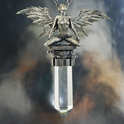 925 Silver Cyberpunk Angel Pendant | Project 0-9 Light Core Necklace with Crystal Pillar & Mechanical Wings | Sci-Fi Symbol of Faith & Rebirth