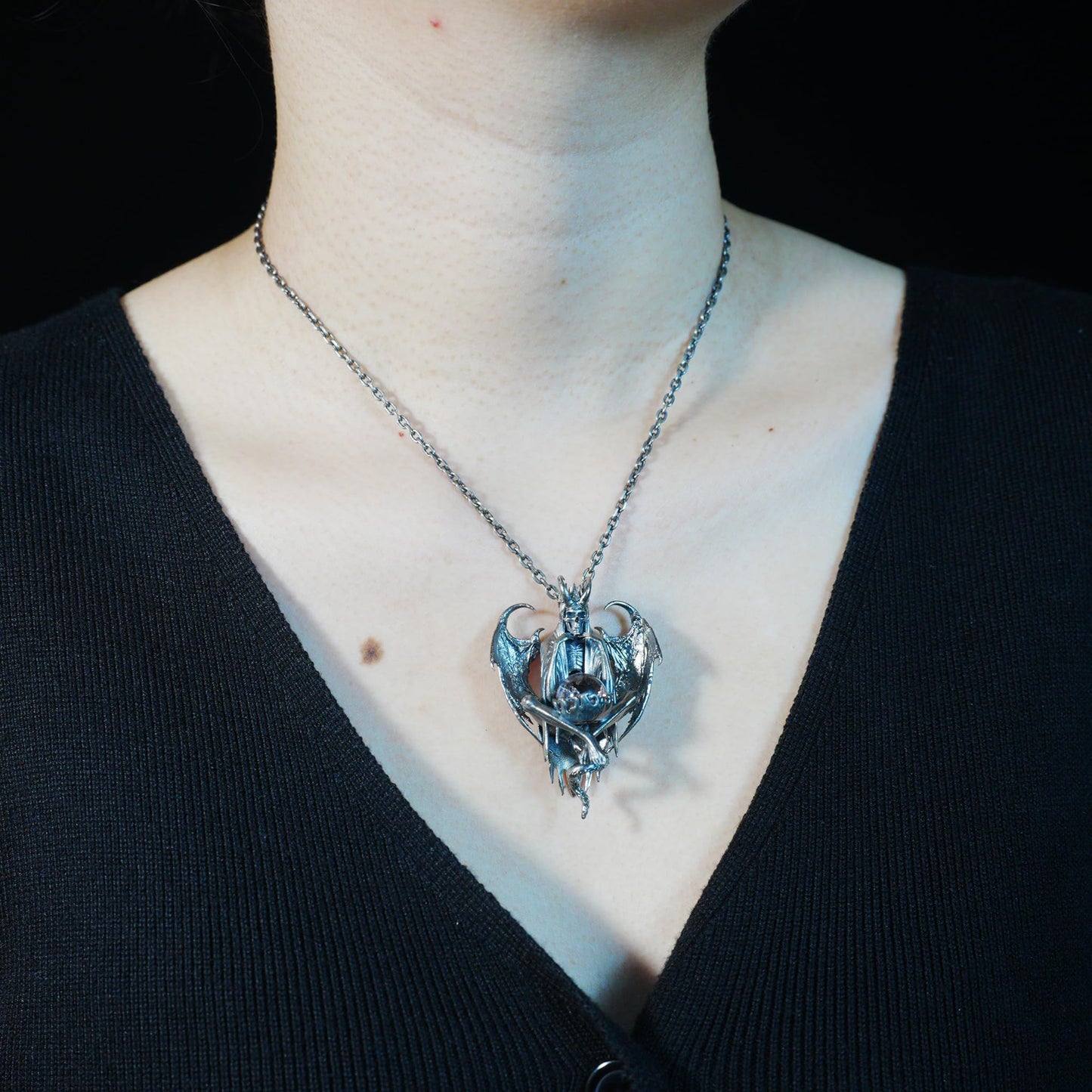Gothic pendant with ghost crystal in oxidized 925 silver totem design gift for her statement necklace birthday